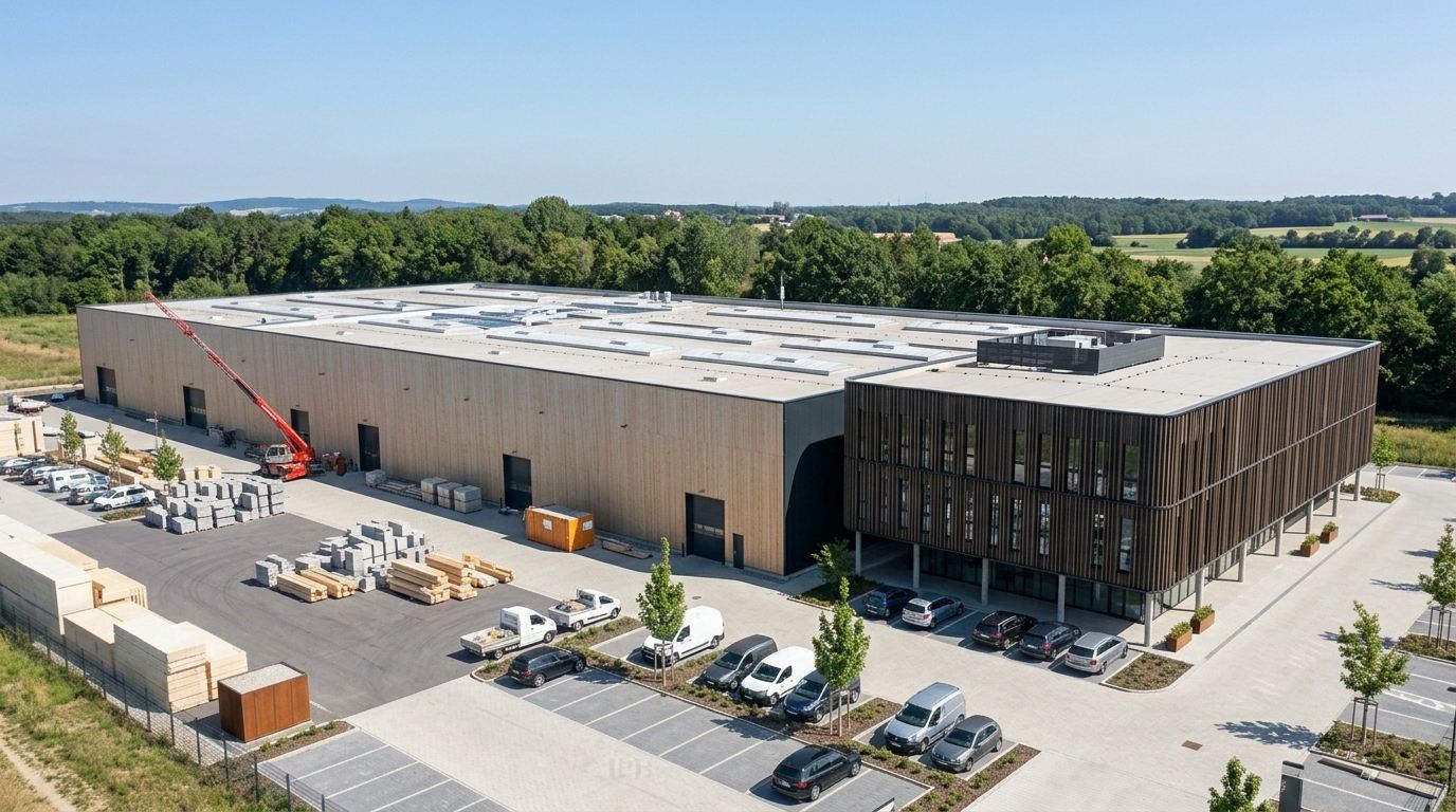 Luftaufnahme der Produktionshalle in Bissen